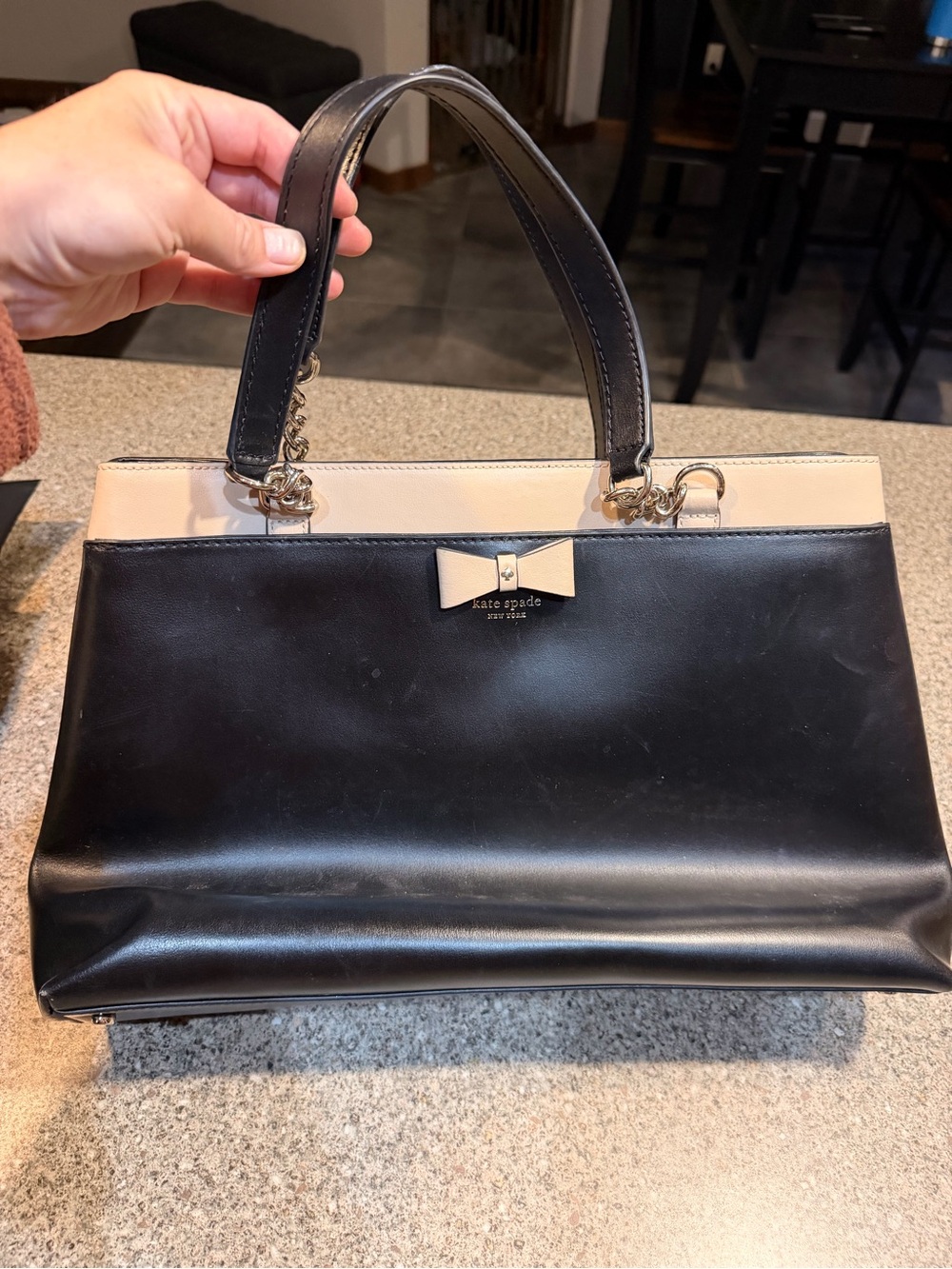 kate spade Black and Cream Leather Top-Handle Satchel with Bow